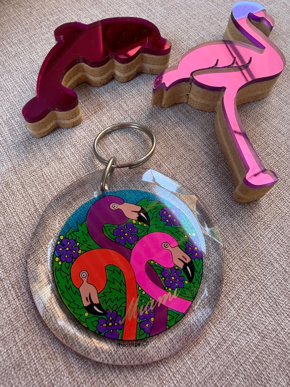 Miami Flamingo Dolphin Souvenir Lot Mirrored Wood Keychain Florida